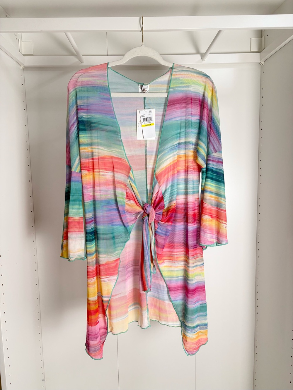 BECCA Multicolor Striped Tie-Front Swim Coverup - Pink, Teal, Orange - Picture 3 of 4